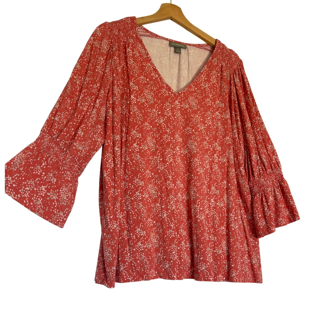 Style & Co Womens 2X Coral Red Ditsy Floral Smocked Bell Sleeve Blouse Boho